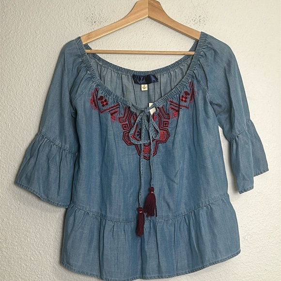 Blue Rain Tops - Cottagecore Boho Embroidered Denim Chambray 3/4 Bell Sleeve Top Size Small‎ NWT